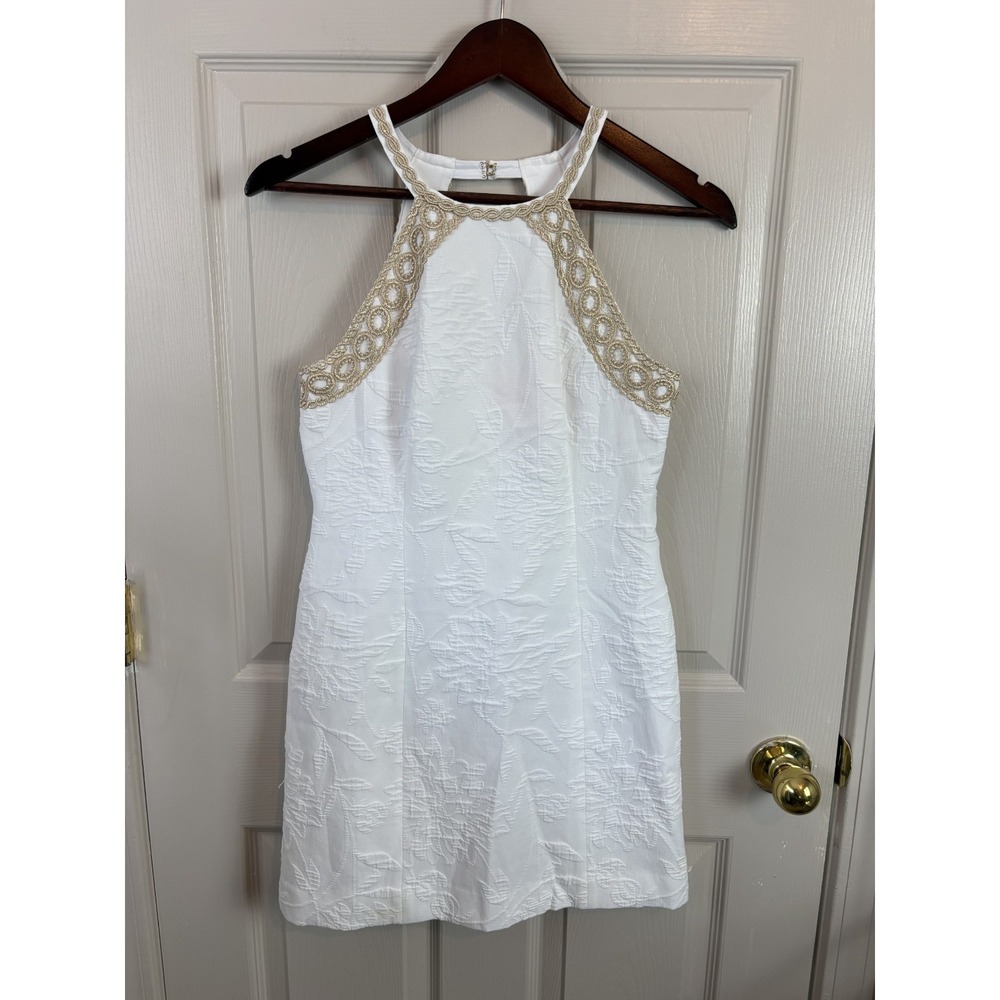 Lilly Pulitzer Shift Dress Womens 0 White Good Jacquard Gold Trim Halter Neck